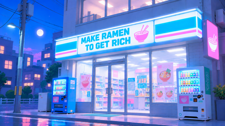 The neon-lit Make Ramen To Get Rich ramen shop storefront at night, with glowing signage, vending machines and a moonlit street.