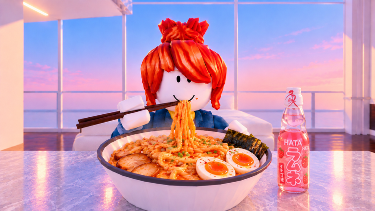 A Roblox character eating a giant bowl of ramen with chopsticks next to a bottle of ramune, with a sunset city view through the window.